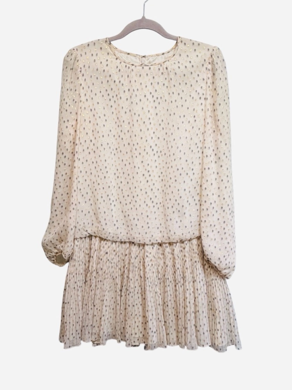 Vintage silk polka dot long sleeve pleated skirt flouncy dress, size medium